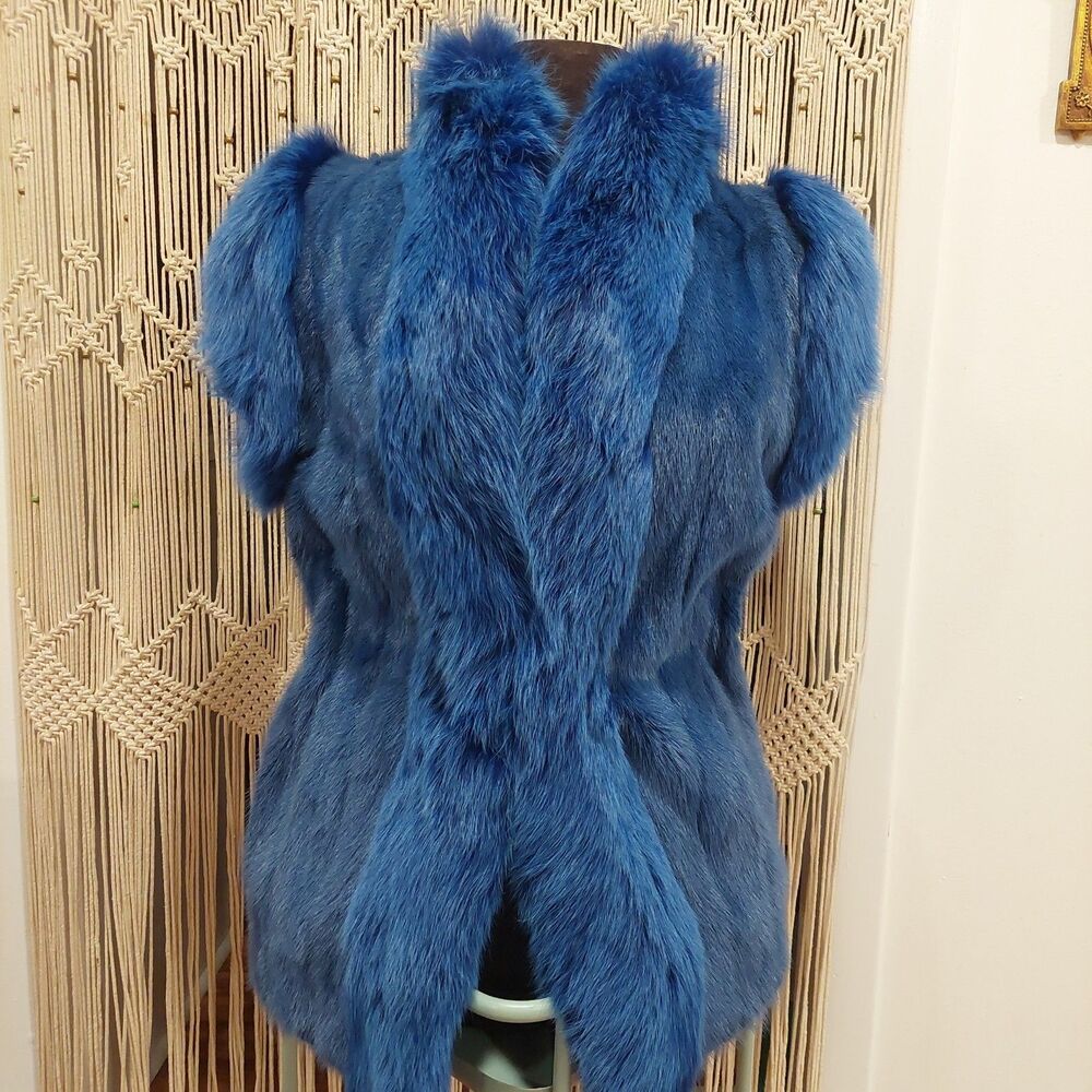 Authentic REVILLON Paris New York Electric Blue Rabbit Fox Fur Convertible Vest